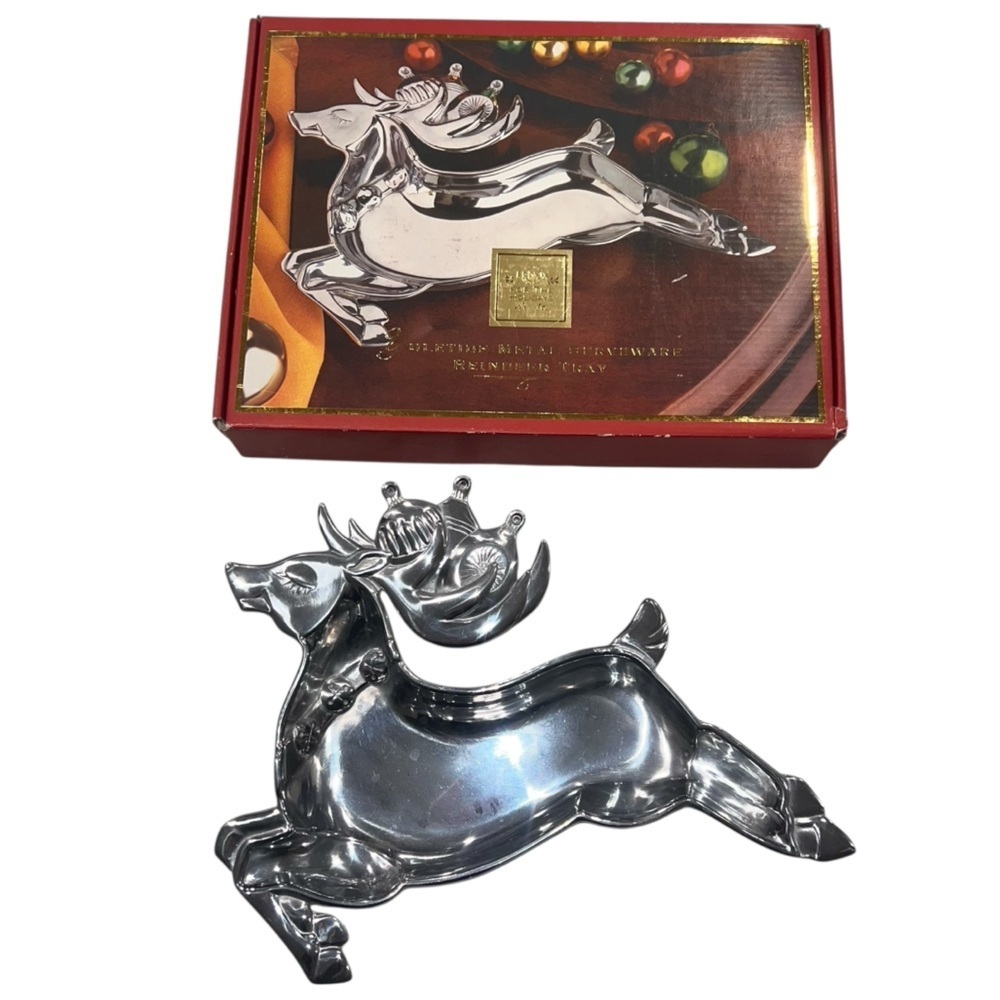 Lenox Yuletide Metal Serveware Reindeer Tray Silver Toned Collectible Box Candy